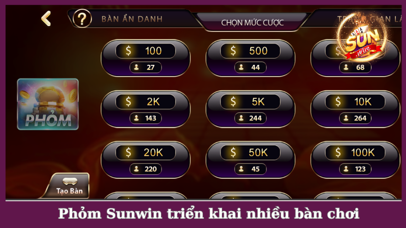 Phỏm Sunwin có đủ bàn chơi dành cho hội viên